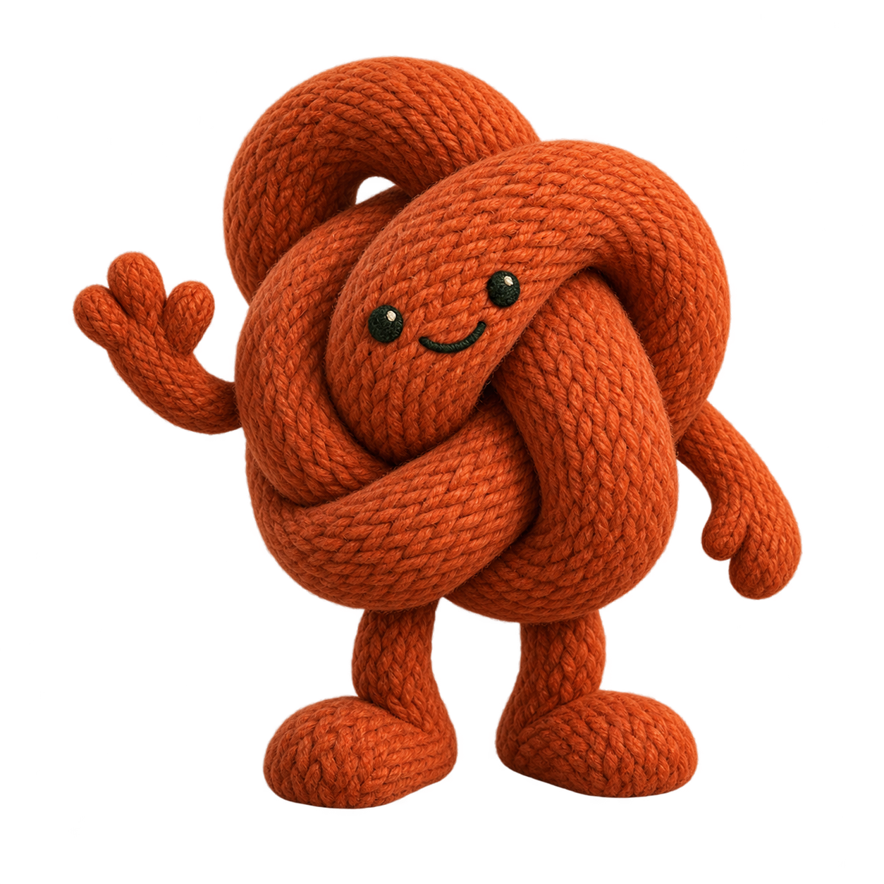 Introy, a smiling orange woven knot, waves hello
